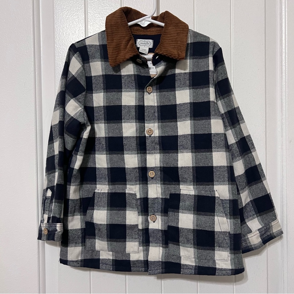 Mud Pie Navy  Buffalo Check Plaid Boys Shacket with Corduroy Collar 4T-5T